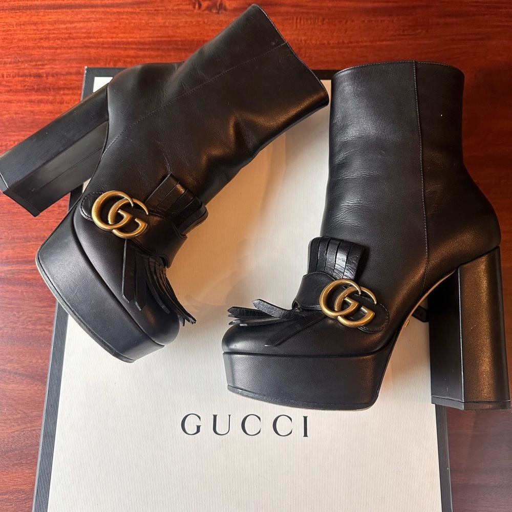 Gucci Black Marmont Leather platform Malaga Kid booties. Superb condition.